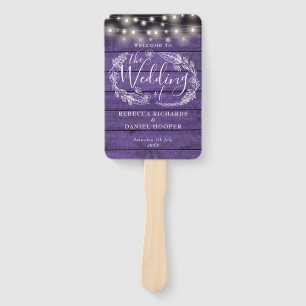 Purple Rustic Floral String Lights Wedding Program Hand Fan
