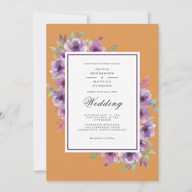 Purple Rustic Floral Wedding Invitation (Front)