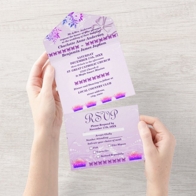 Purple Rustic Floral Wedding Invitation (Tearaway)