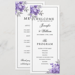 Purple Rustic Floral Wedding Program Menu Invitation