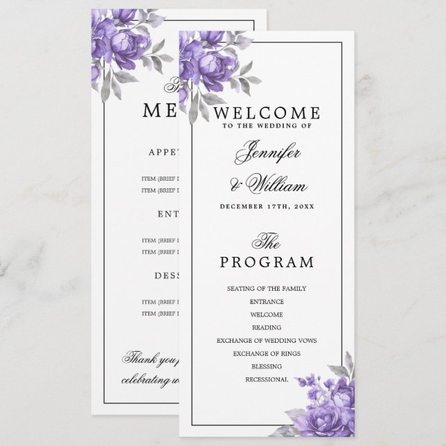 Purple Rustic Floral Wedding Program Menu Invitation (Front/Back)
