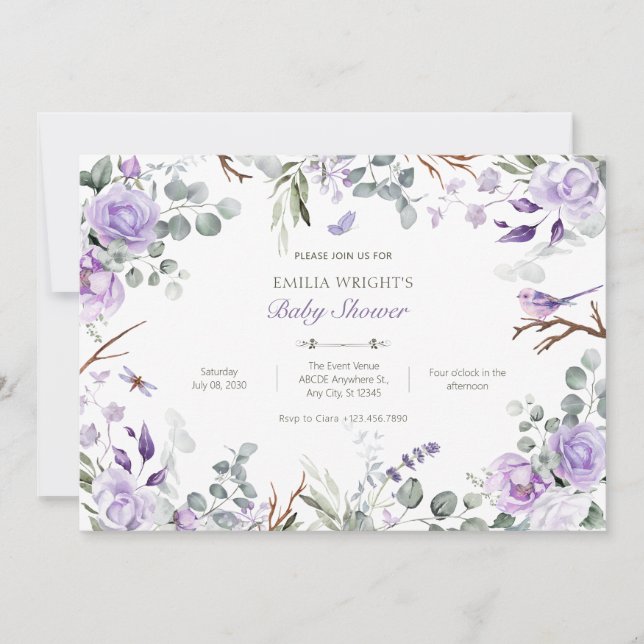 Purple rustic flowers baby shower invitation (Front)