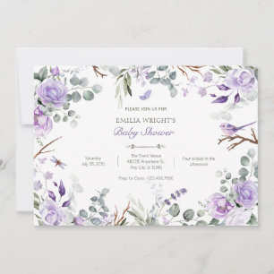 Purple rustic flowers baby shower invitation