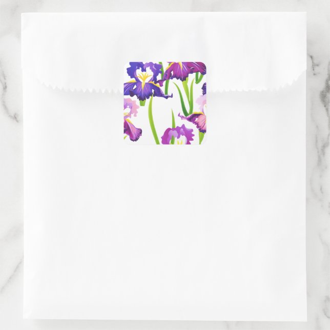 Purple Rustic Meadow Iris Flowers Watercolor Square Sticker (Bag)