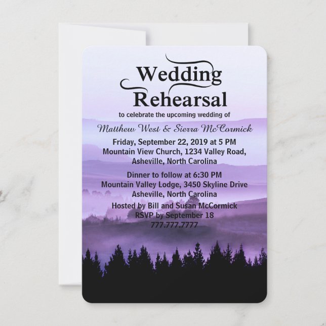Purple Rustic Mountain Wedding Rehearsal Dinner Invitation (Front)