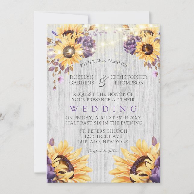 Purple Rustic Peony Sunflowers Wedding Invitation (Front)