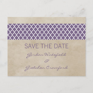 Purple Rustic Quatrefoil Save the Date Postcard