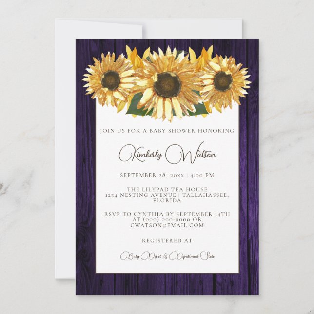 Purple Rustic Sunflower Baby Shower Invitation (Front)