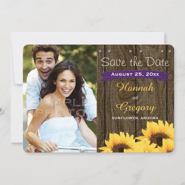 PURPLE RUSTIC SUNFLOWER SAVE THE DATE CARD (Front)