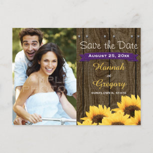 PURPLE RUSTIC SUNFLOWER SAVE THE DATE POSTCARD