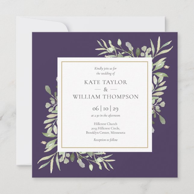 Purple Rustic Watercolour Greenery Leaves Wedding Invitation (Front)
