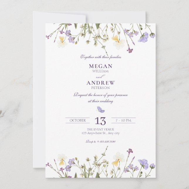 Purple Rustic Wildflowers wedding Invitation (Front)