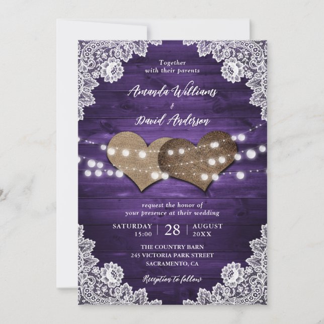 Purple Rustic Wood Burlap Lace Lights Wedding Invitation (Front)