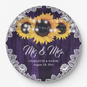 Purple Rustic Wood Floral Lace Sunflower Wedding Paper Plate