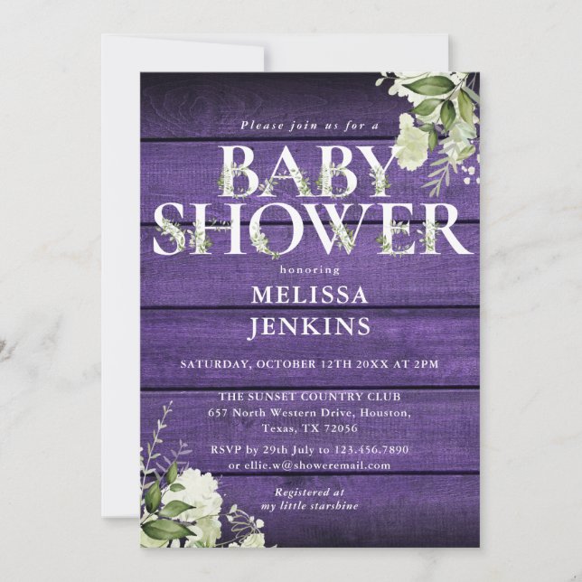 Purple Rustic Wood Greenery Floral Baby Shower Invitation (Front)