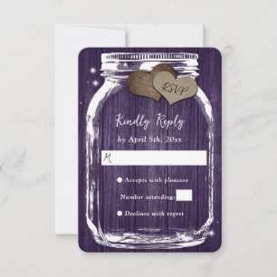 Purple Rustic Wood Hearts Mason Jar Wedding RSVP Card