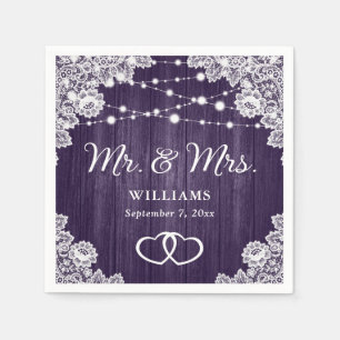 Purple Rustic Wood Lace String Lights Wedding Napkin