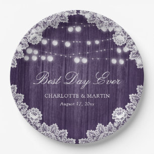 Purple Rustic Wood Lace String Lights Wedding Paper Plate