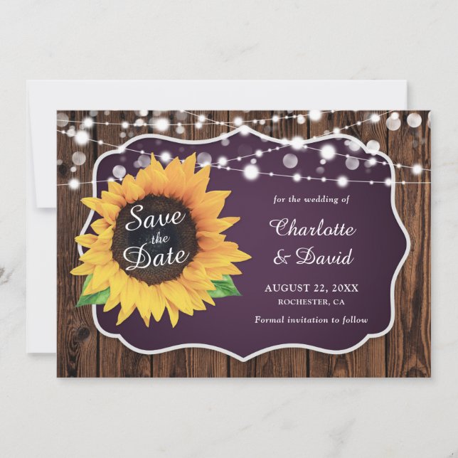 Purple Rustic Wood Lights Sunflower Wedding Save The Date (Front)
