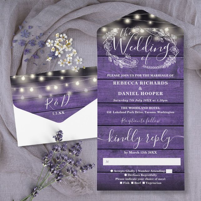 Purple Rustic Wood String Lights Floral Wedding All In One Invitation (Purple Rustic Wood String Lights Floral Wedding All In One Invitation)