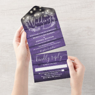 Purple Rustic Wood String Lights Floral Wedding All In One Invitation