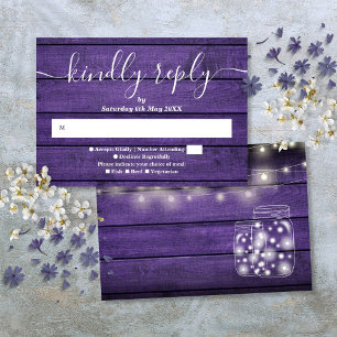 Purple Rustic Wood String Lights Mason Jars RSVP Card