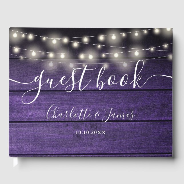 Purple Rustic Wood String Lights Photo Wedding Guest Book (Front)