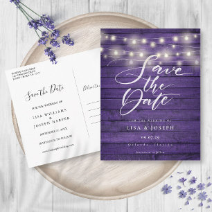 Purple Rustic Wood String Lights Save the Date Postcard