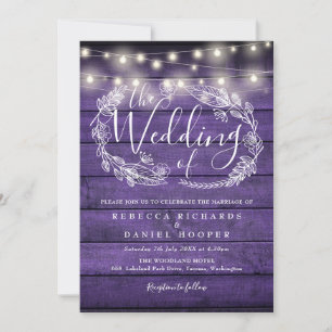 Purple Rustic Wood String Lights Script Wedding Invitation
