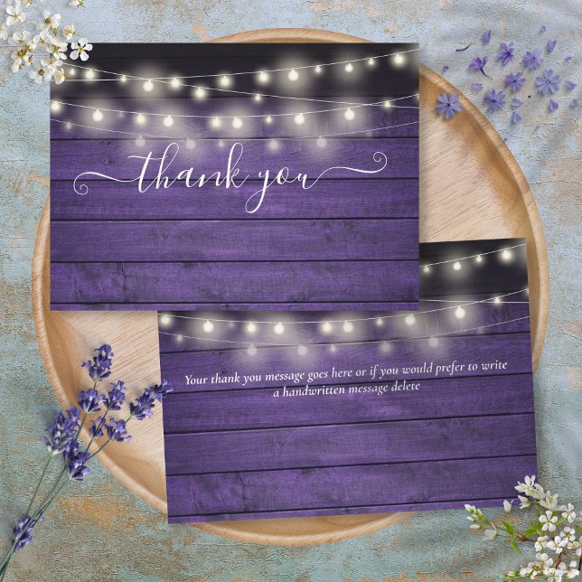 Purple Rustic Wood String Lights Script Wedding Thank You Card (Purple Rustic Wood String Lights Script Wedding Thank You Card)