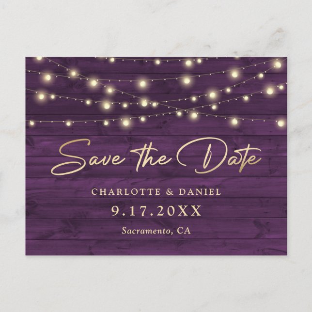 Purple Rustic Wood String Lights Wedding Announcement Postcard (Front)