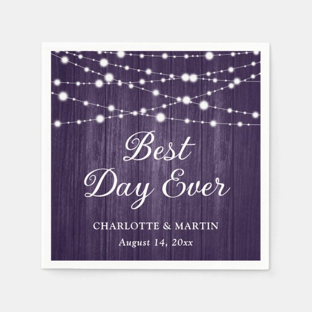 Purple Rustic Wood String Lights Wedding Napkin (Front)