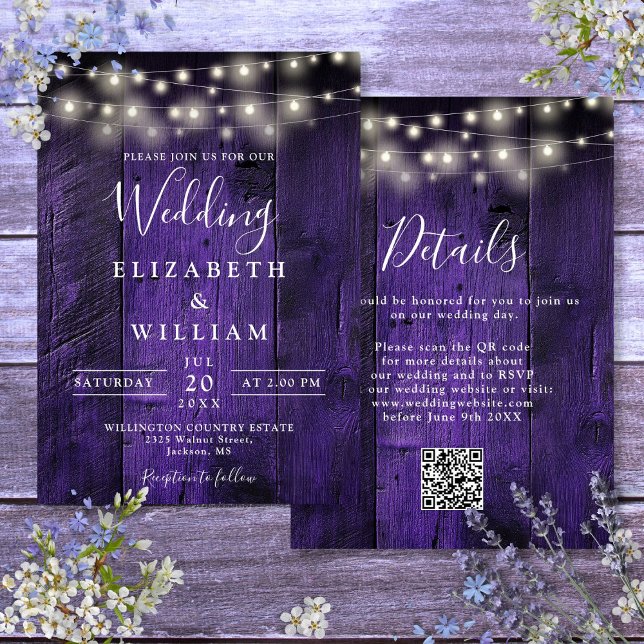Purple Rustic Wood Wedding String Lights QR Code Invitation (Purple Rustic Wood Wedding String Lights QR Code Invitation)