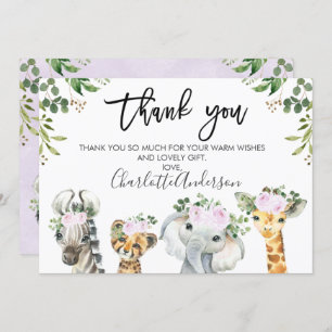 Purple Safari Animals Baby Shower Thank You Card
