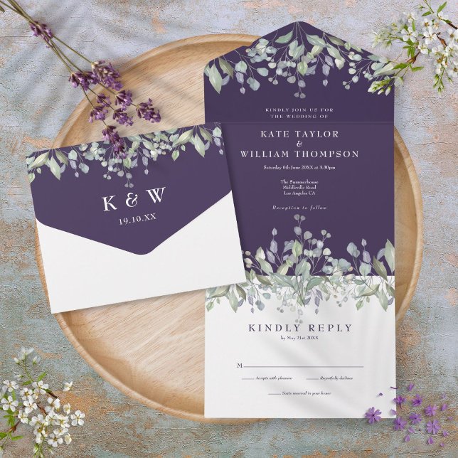 Purple Sage And Lilac Floral Monogram Wedding All In One Invitation (Purple Sage And Lilac Floral Monogram Wedding All In One Invitation)