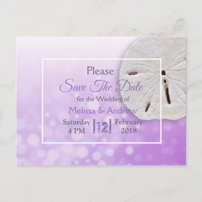 Purple Sand Dollar Themed Wedding Save the Date Announcement Postcard (Front)