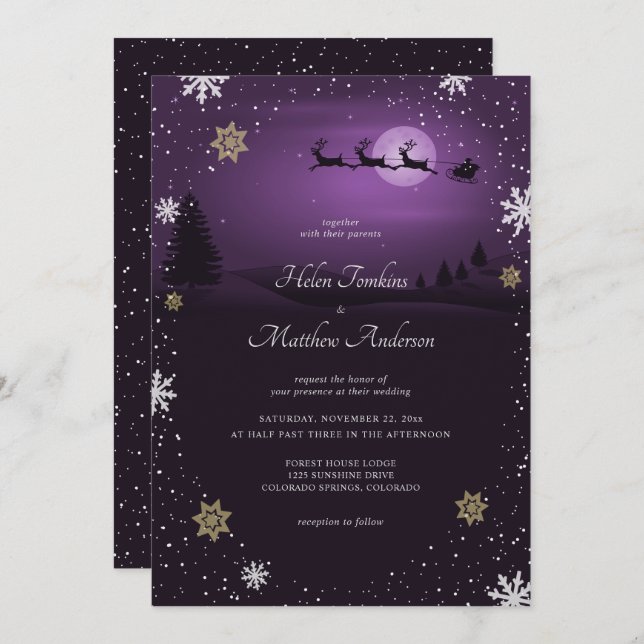 Purple Santa Claus Christmas Wedding Invitations (Front/Back)