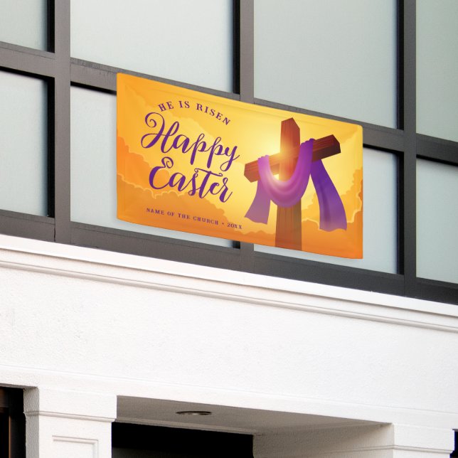 Purple Sash on Cross | Happy Easter Banner (Outside Building)