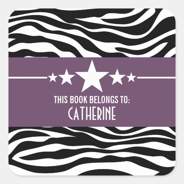 Purple Sassy Star Zebra Bookplate Stickers (Front)