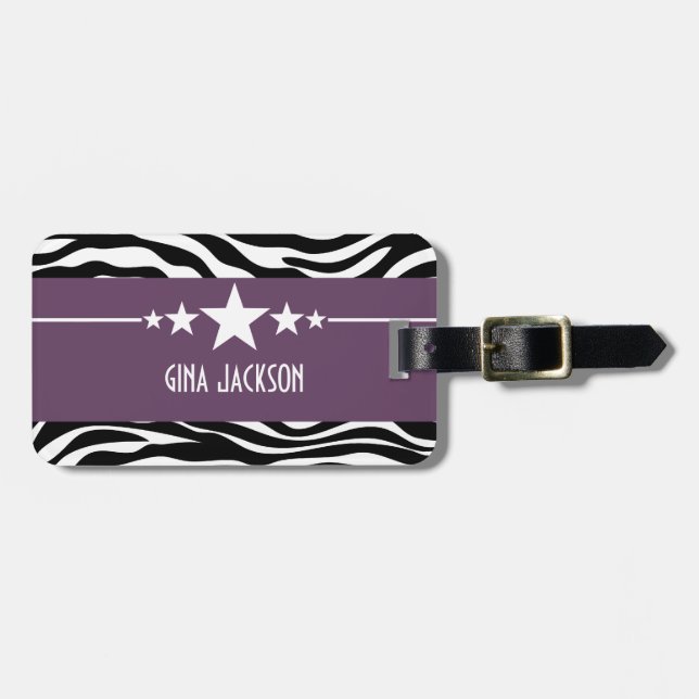 Purple Sassy Star Zebra Luggage Tag (Front Horizontal)