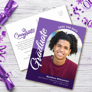 Purple Save Date Graduation Photo Bold Arch Script Invitation Postcard