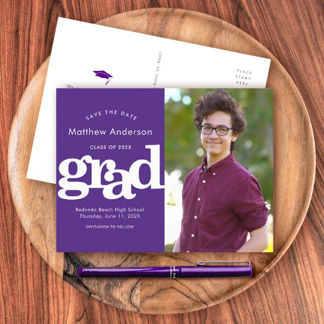Purple save date graduation photo bold typography invitation postcard (Creator Uploaded)
