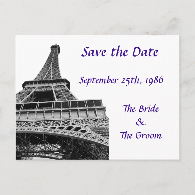 Purple Save the Date Eiffel Tower Announcement Postcard (Front)