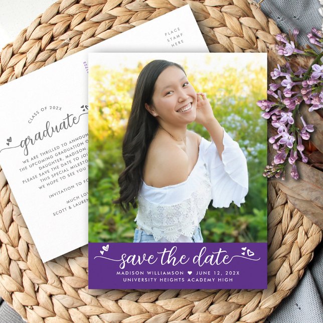 Purple Save the Date Graduation Photo Script Heart Invitation Postcard (Creator Uploaded)