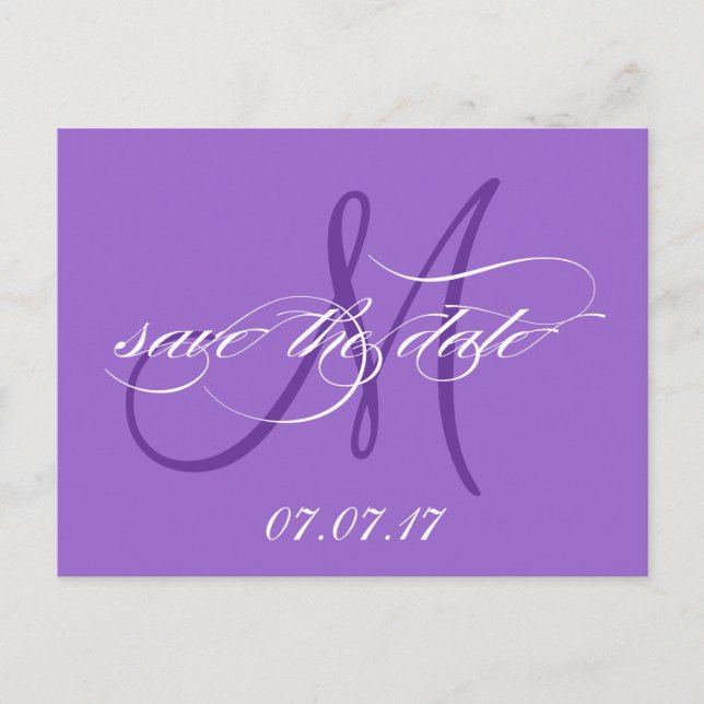 Purple Save the Date Monogram Postcard (Front)