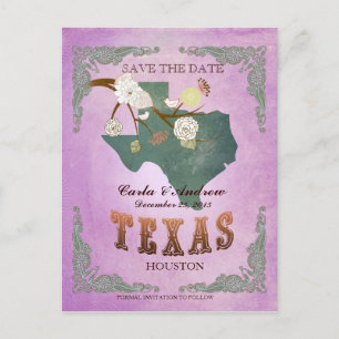 Purple Save The Date - Texas Map With Lovely Birds Announcement Postcard