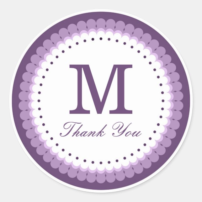 Purple Scalloped Monogram Thank You Classic Round Sticker (Front)