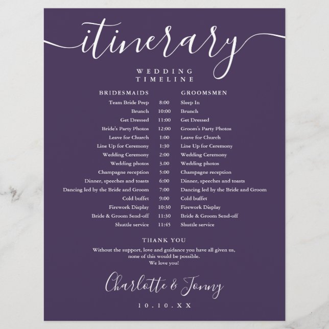 Purple Schedule Wedding Itinerary Timeline (Front)