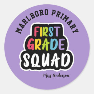  Purple School Name First Grade Teacher Squad   Classic Round Sticker