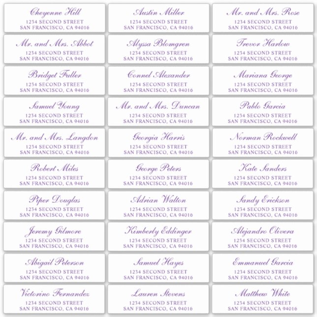 Purple Script Elegant Wedding Guest Address Labels (Front)